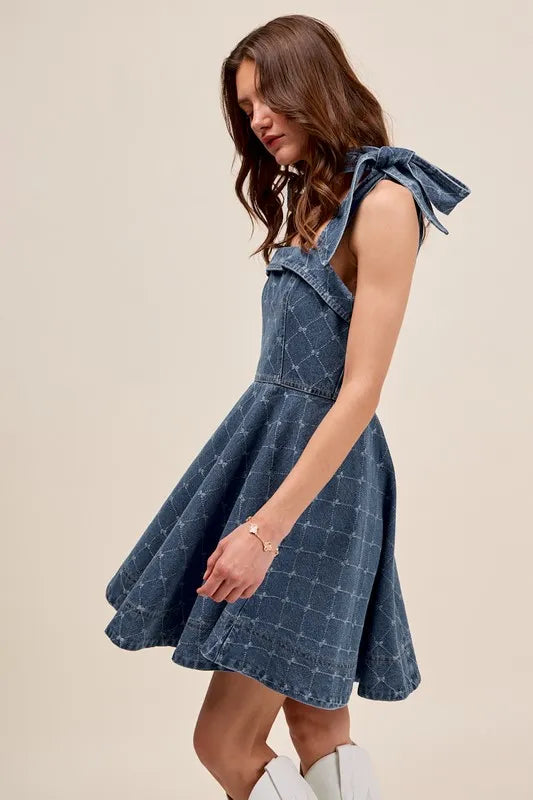 SO ME A Line Fit and Flare Diamond Bow Ribbon Denim Dres - Brittney MADE