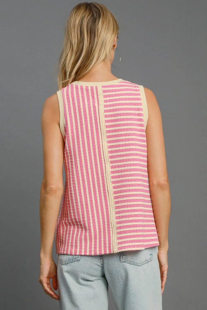 Umgee Round Neck Texture Striped Tank - Brittney MADE