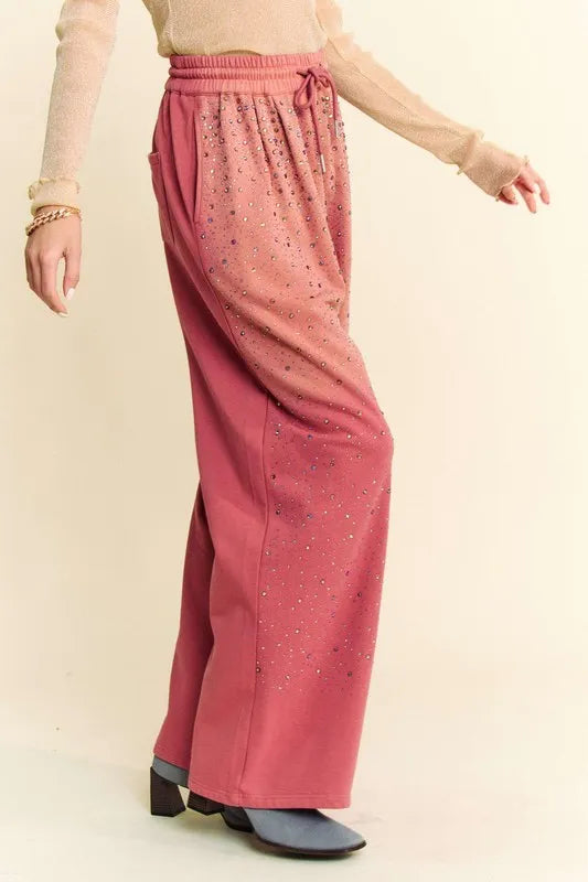 Davi & Dani Rhinestone Drawstring Wide Leg Pants - Brittney MADE