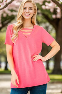 Heimish Full Size V-Neck Short Sleeve T-Shirt with Bar Detail Plus Size - Brittney MADE