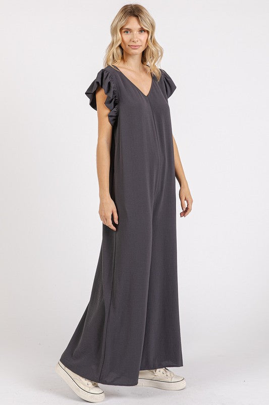 Mittoshop V-Neck Ruffled Cap Sleeve Wide Leg Jumpsuit - Brittney MADE