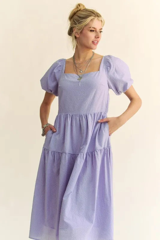 Davi & Dani Textured Fabric Short Puff Sleeve Midi Dress - Brittney MADE