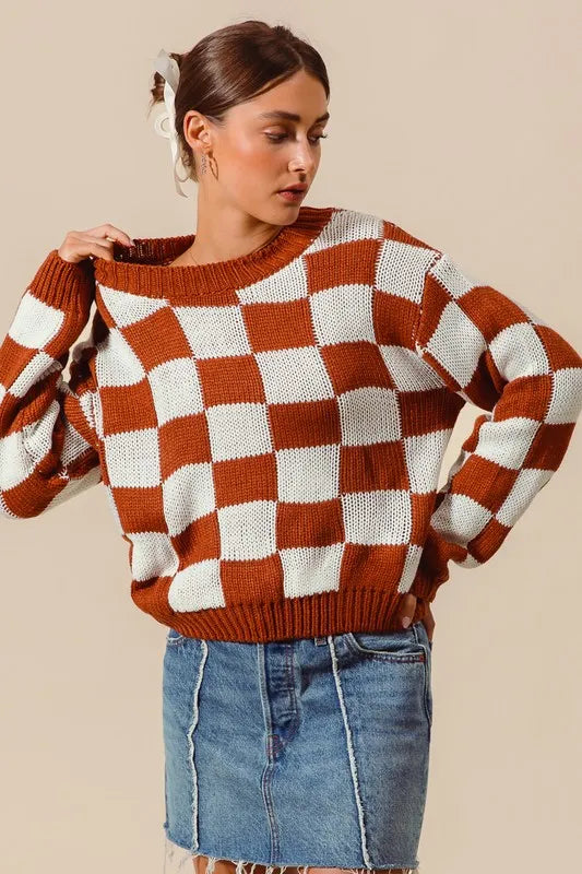 SO ME Loose Fit Checkered Sweater Top - Brittney MADE