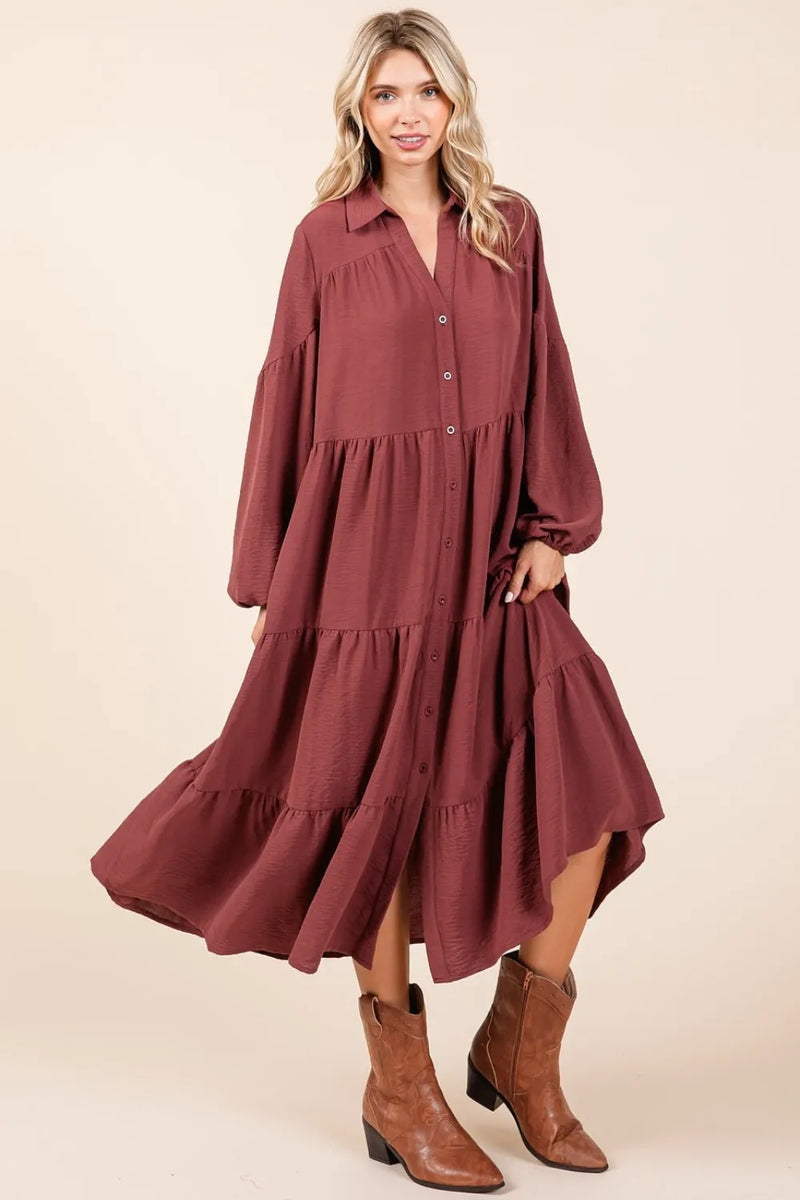 Mittoshop Tiered Button Down Long Sleeve Midi Dress - Brittney MADE