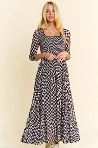 Davi & Dani Printed Checker Mesh Flowy Maxi Dress - Brittney MADE