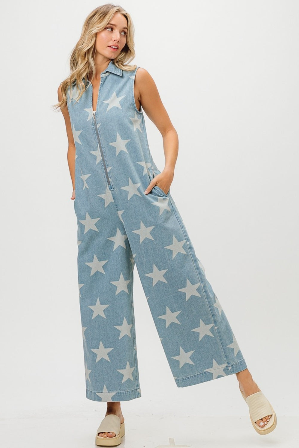 BiBi Star Print Half Zip Sleeveless Denim Jumpsuit - Brittney MADE