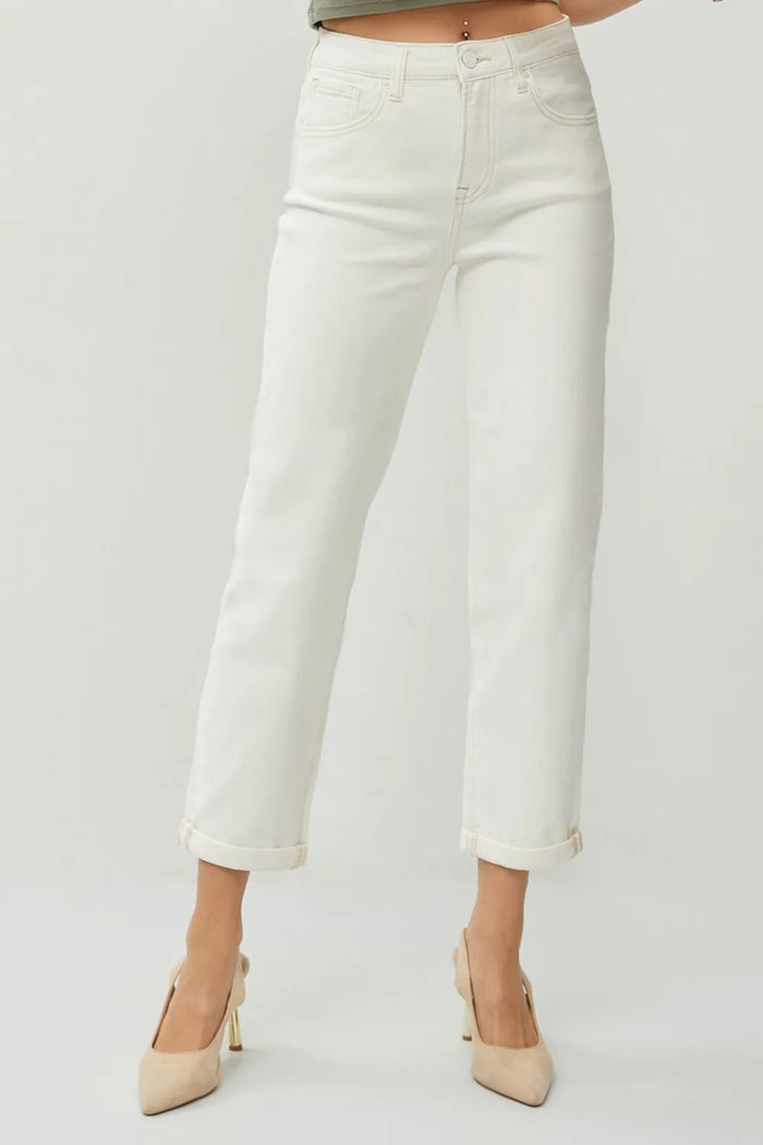 RISEN Full Size High Waist Rolled Hem Straight Jeans - Brittney MADE