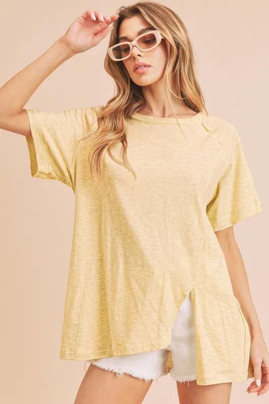 Aemi + Co Asymmetrical Front Slit Round Neck Raglan Sleeve T-Shirt - Brittney MADE