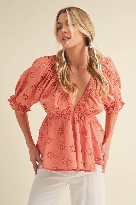 Aemi + Co Eyelet Embroidered V-Neck Half Sleeve Peplum Blouse - Brittney MADE