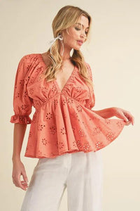 Aemi + Co Eyelet Embroidered V-Neck Half Sleeve Peplum Blouse - Brittney MADE