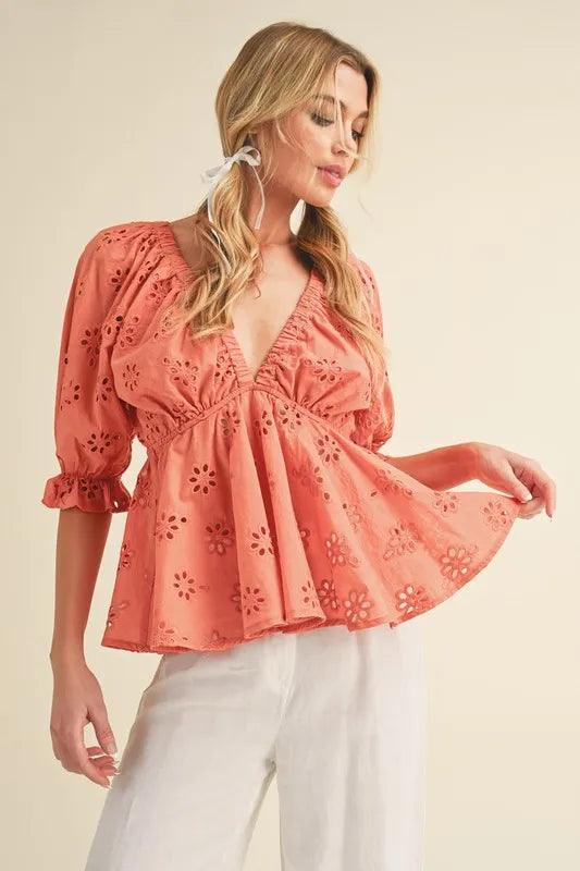 Aemi + Co Eyelet Embroidered V-Neck Half Sleeve Peplum Blouse - Brittney MADE