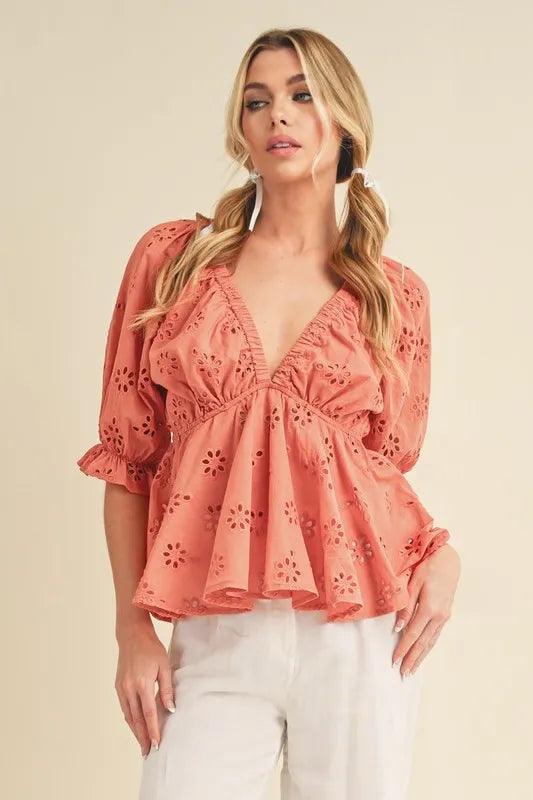 Aemi + Co Eyelet Embroidered V-Neck Half Sleeve Peplum Blouse - Brittney MADE