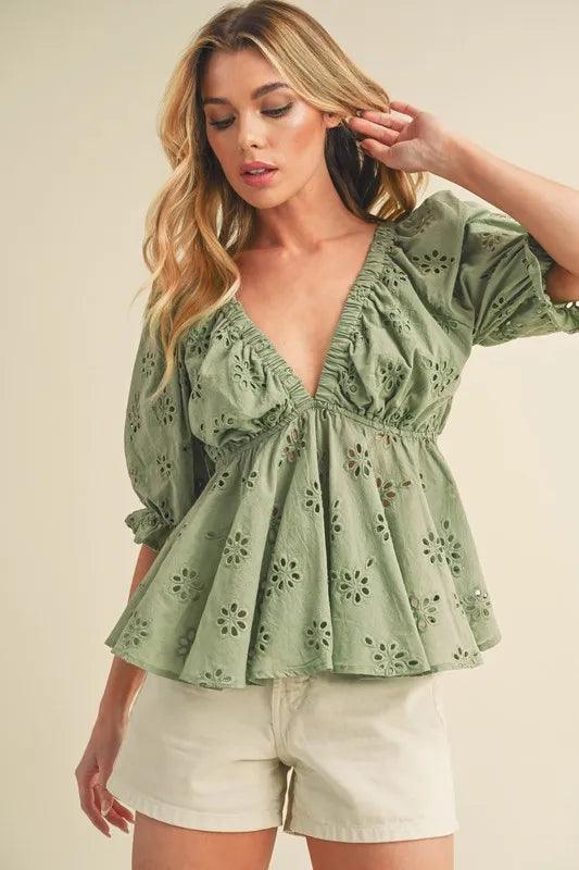 Aemi + Co Eyelet Embroidered V-Neck Half Sleeve Peplum Blouse - Brittney MADE