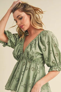 Aemi + Co Eyelet Embroidered V-Neck Half Sleeve Peplum Blouse - Brittney MADE