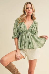 Aemi + Co Eyelet Embroidered V-Neck Half Sleeve Peplum Blouse - Brittney MADE