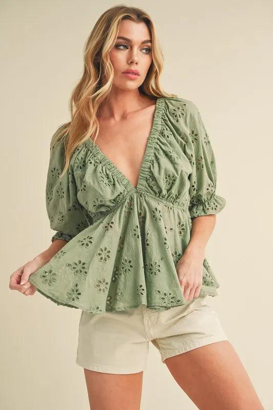 Aemi + Co Eyelet Embroidered V-Neck Half Sleeve Peplum Blouse - Brittney MADE