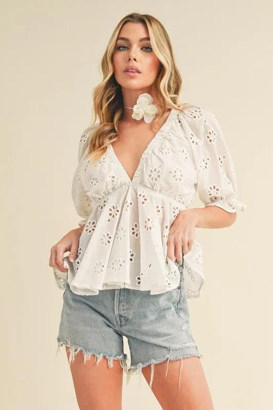 Aemi + Co Eyelet Embroidered V-Neck Half Sleeve Peplum Blouse - Brittney MADE