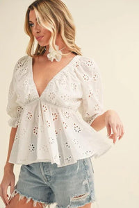 Aemi + Co Eyelet Embroidered V-Neck Half Sleeve Peplum Blouse - Brittney MADE