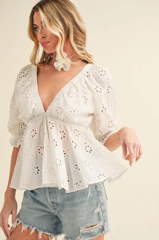 Aemi + Co Eyelet Embroidered V-Neck Half Sleeve Peplum Blouse - Brittney MADE