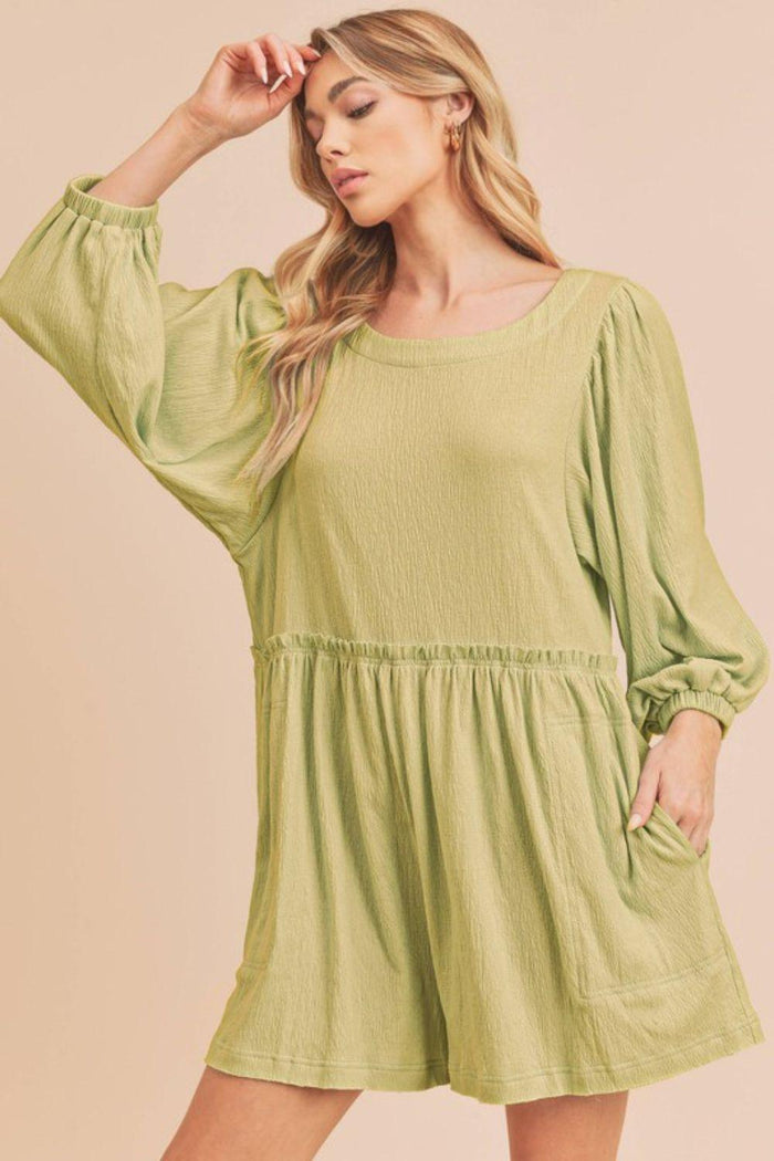 Aemi + Co Frill Round Neck Long Sleeve Romper with Pockets - Brittney MADE