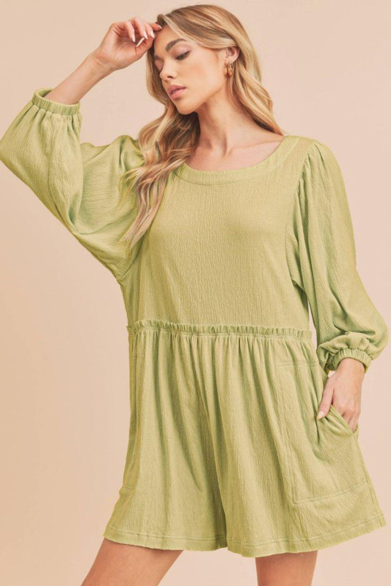 Aemi + Co Frill Round Neck Long Sleeve Romper with Pockets - Brittney MADE