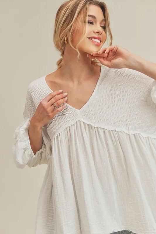 Aemi + Co High-Low Frayed Hem V-Neck Blouse - Brittney MADE