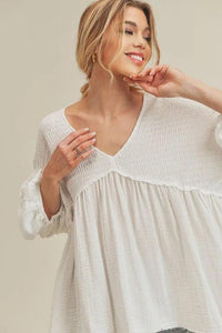 Aemi + Co High-Low Frayed Hem V-Neck Blouse - Brittney MADE
