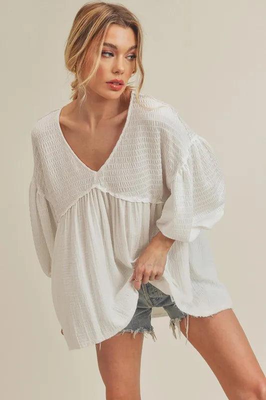 Aemi + Co High-Low Frayed Hem V-Neck Blouse - Brittney MADE