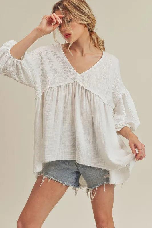 Aemi + Co High-Low Frayed Hem V-Neck Blouse - Brittney MADE