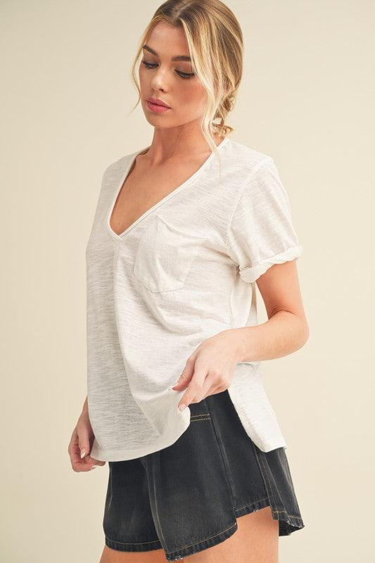 Aemi + Co Side Slit V-Neck Short Rolled Sleeve T-Shirt - Brittney MADE