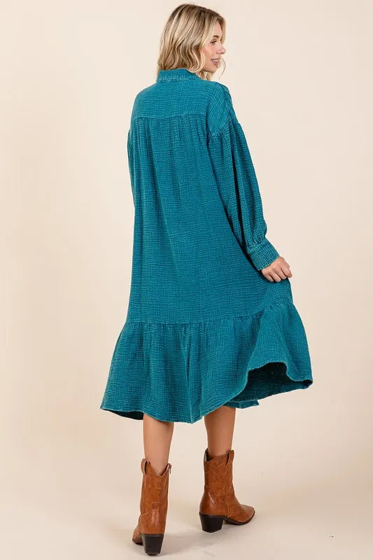 Mittoshop Mineral Wash Cotton Gauze Ruffle Midi Shirt Dress - Brittney MADE