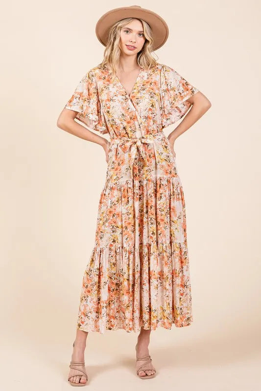 Mittoshop Floral Tie Waist Flutter Sleeve Tiered Dress - Brittney MADE