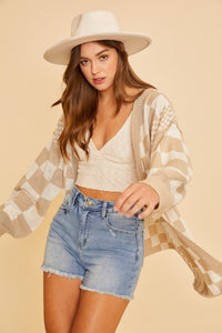 Annie Wear Checkered Open Front Drop Shoulder Cardigan - Brittney MADE