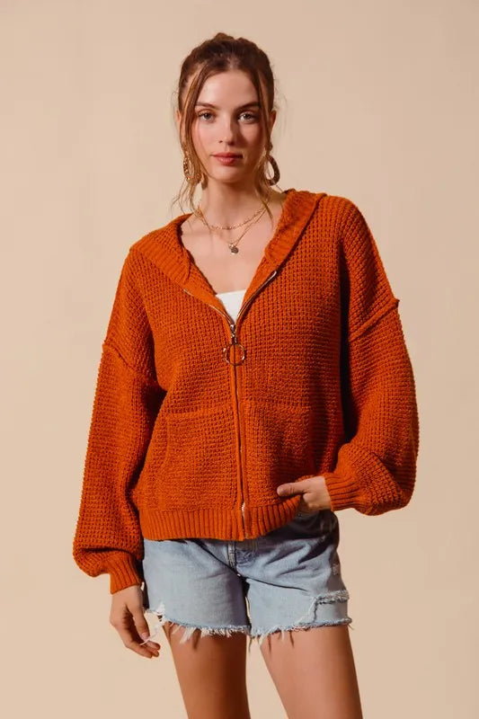 SO ME Front Zip Up Hooded Textured Cardigan - Brittney MADE
