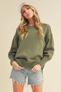Aemi+Co Ribbed Hem Side Slit Round Neck Sweater - Brittney MADE