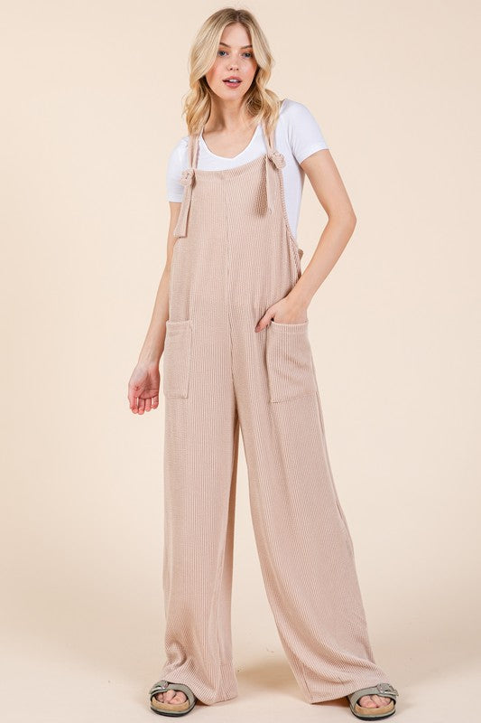 BOMBOM Knot Straps Wide Leg Ribbed Overalls with Pockets - Brittney MADE
