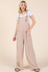 BOMBOM Knot Straps Wide Leg Ribbed Overalls with Pockets - Brittney MADE