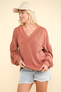 VERY J Two Tone Ribbed V-Neck Exposed Seam Top - Brittney MADE