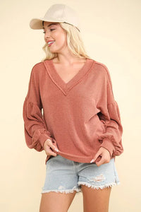 VERY J Two Tone Ribbed V-Neck Exposed Seam Top - Brittney MADE