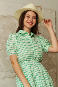 Davi & Dani Checkered Puff Sleeve Tiered Shirt Dress - Brittney MADE