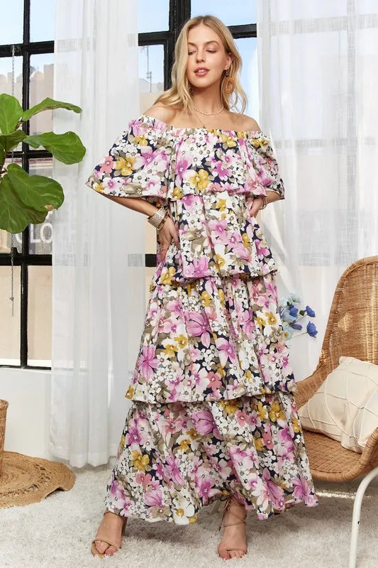ADORA Layered Floral Off-Shoulder Short Sleeve Maxi Dress - Brittney MADE