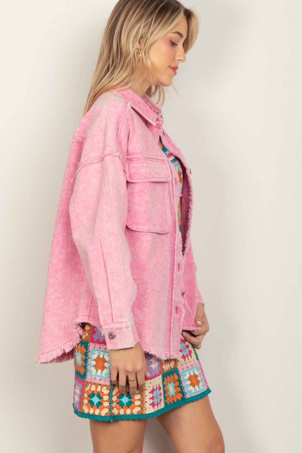 VERY J Full Size Button Up Raw Hem Long Sleeve Jacket - Brittney MADE