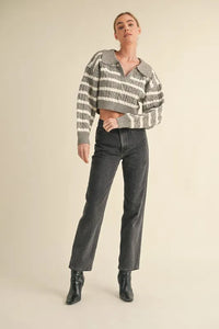 MABLE Pale Collared Striped Cropped Cable Knit Sweater - Brittney MADE