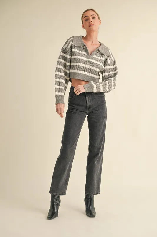 MABLE Pale Collared Striped Cropped Cable Knit Sweater - Brittney MADE