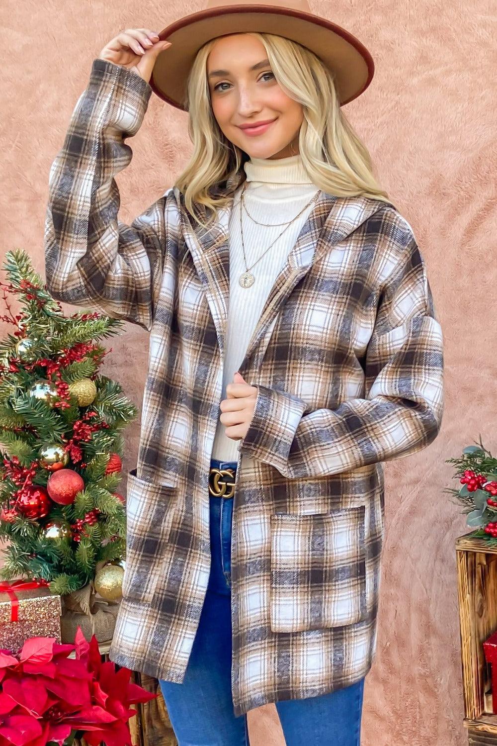 And The Why Plaid Open Front Hooded Shacket - Brittney MADE
