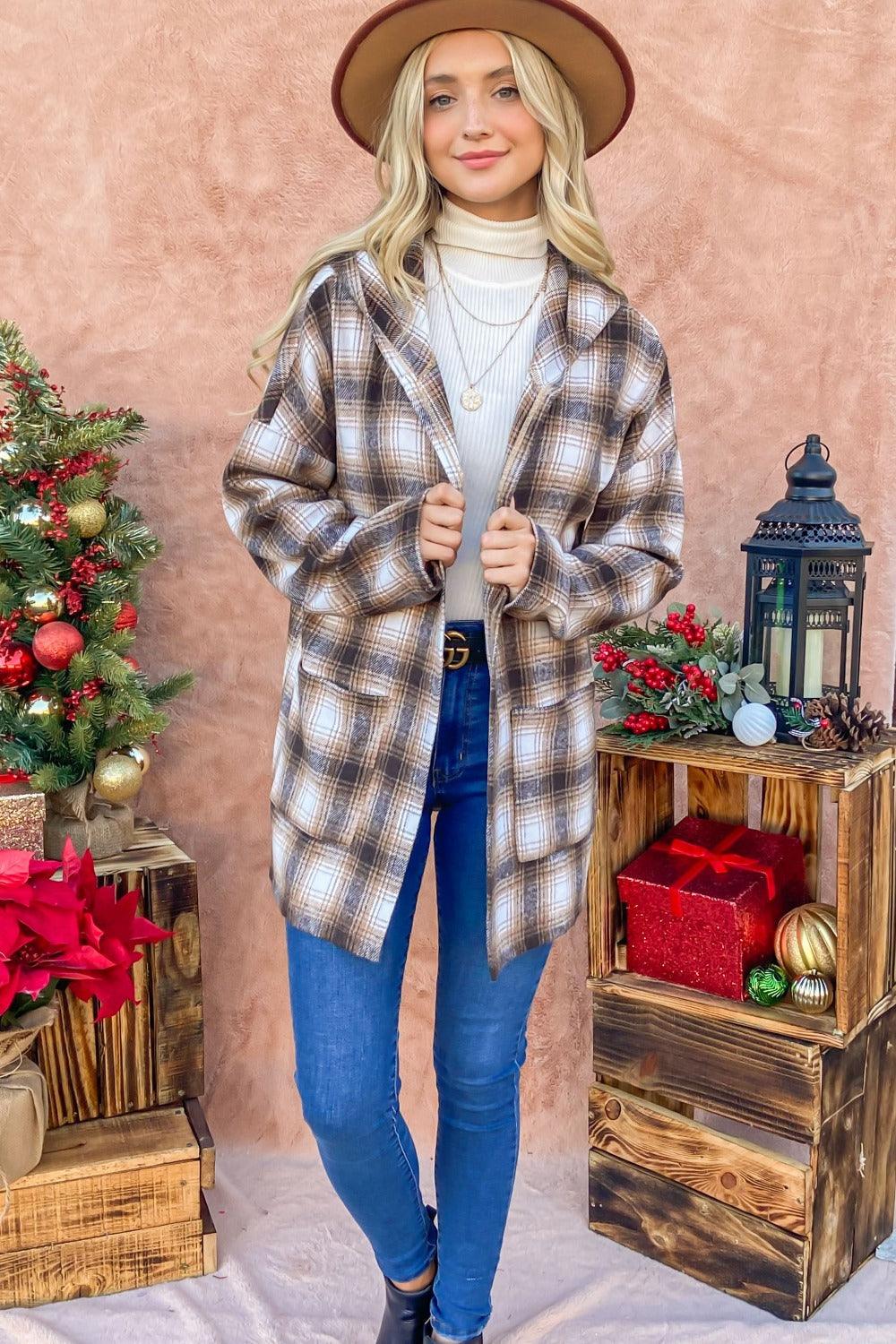 And The Why Plaid Open Front Hooded Shacket - Brittney MADE