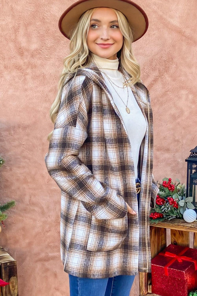 And The Why Plaid Open Front Hooded Shacket - Brittney MADE