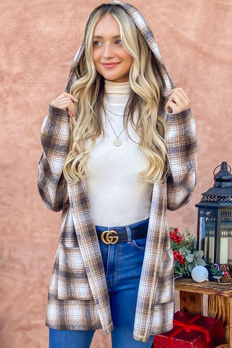 And The Why Plaid Open Front Hooded Shacket - Brittney MADE