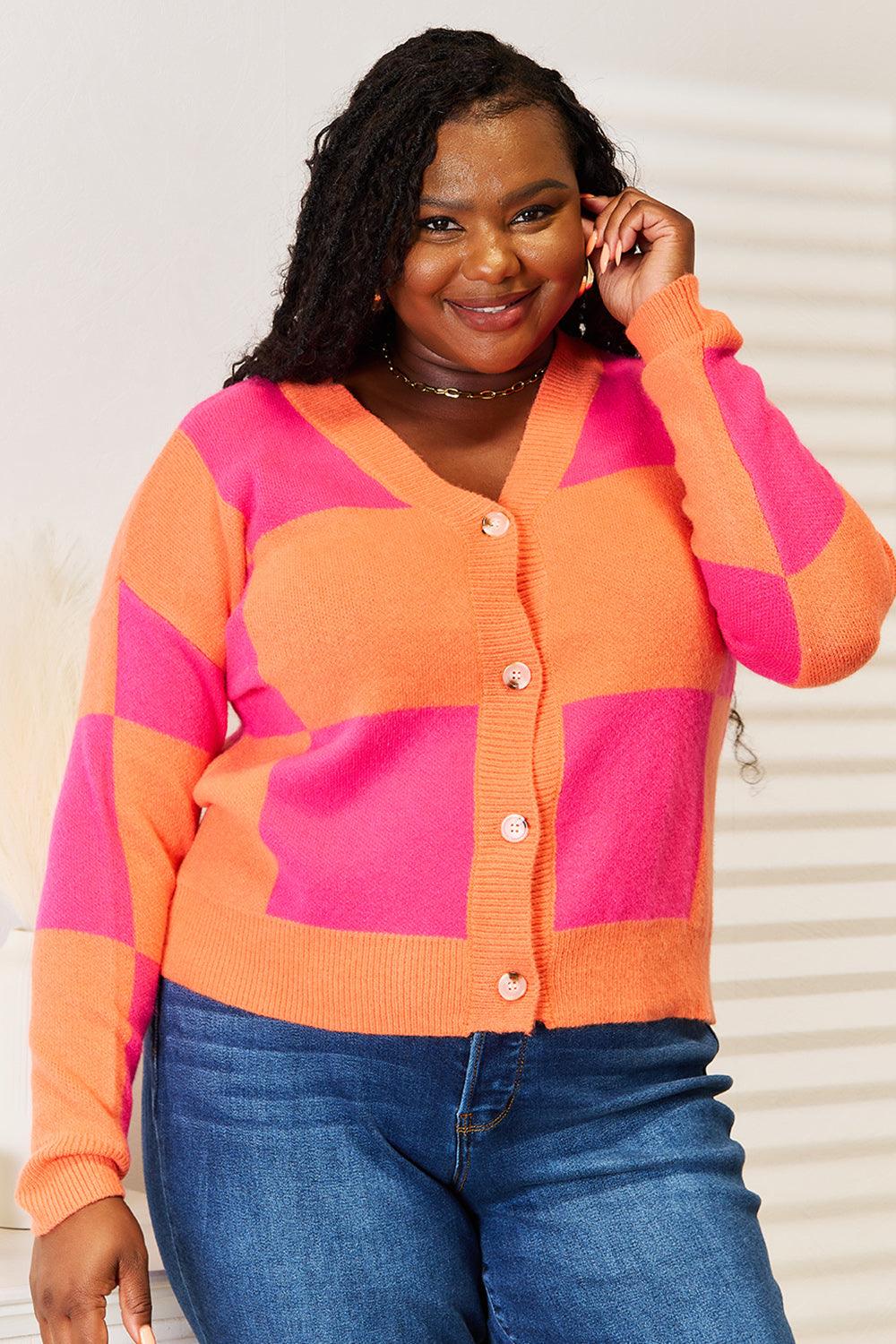 Angel Wings Woven Right Checkered V-Neck Dropped Shoulder Cardigan - Brittney MADE