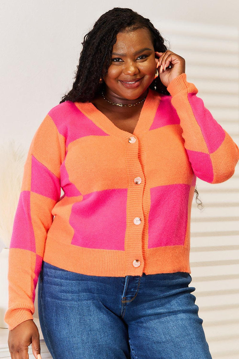 Angel Wings Woven Right Checkered V-Neck Dropped Shoulder Cardigan - Brittney MADE